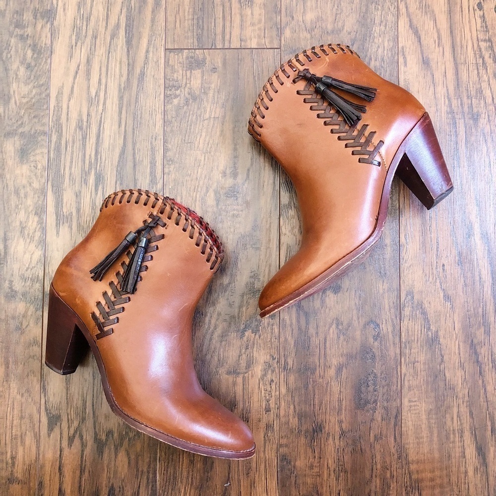 Trask • Shelby ankle booties cognac leather whipstitched tassel heel western